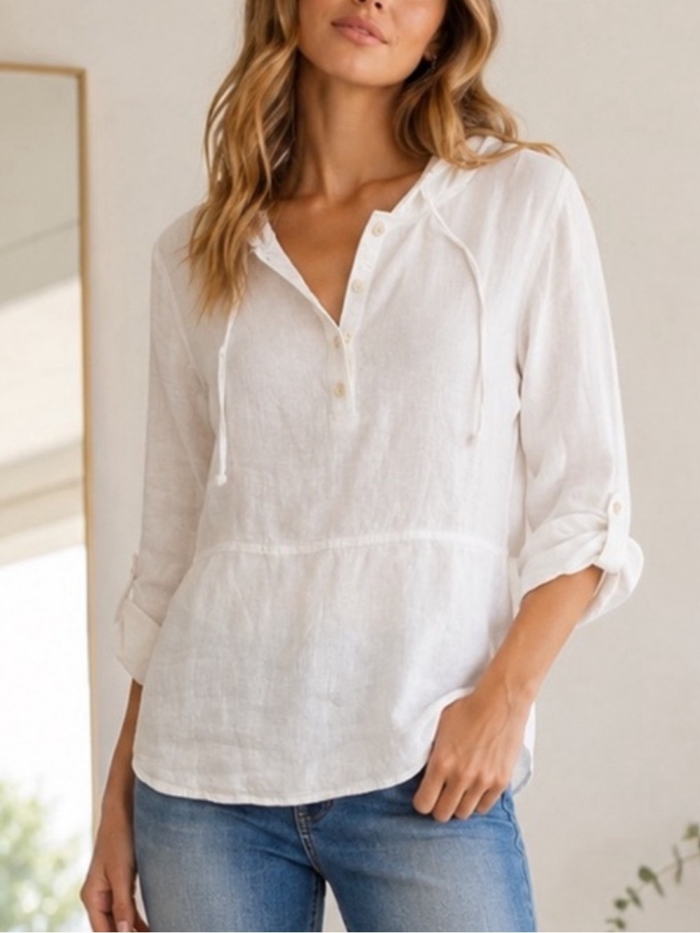 TAHARI 100% Linen Hooded Tunic Top White Button Front Lightweight S
